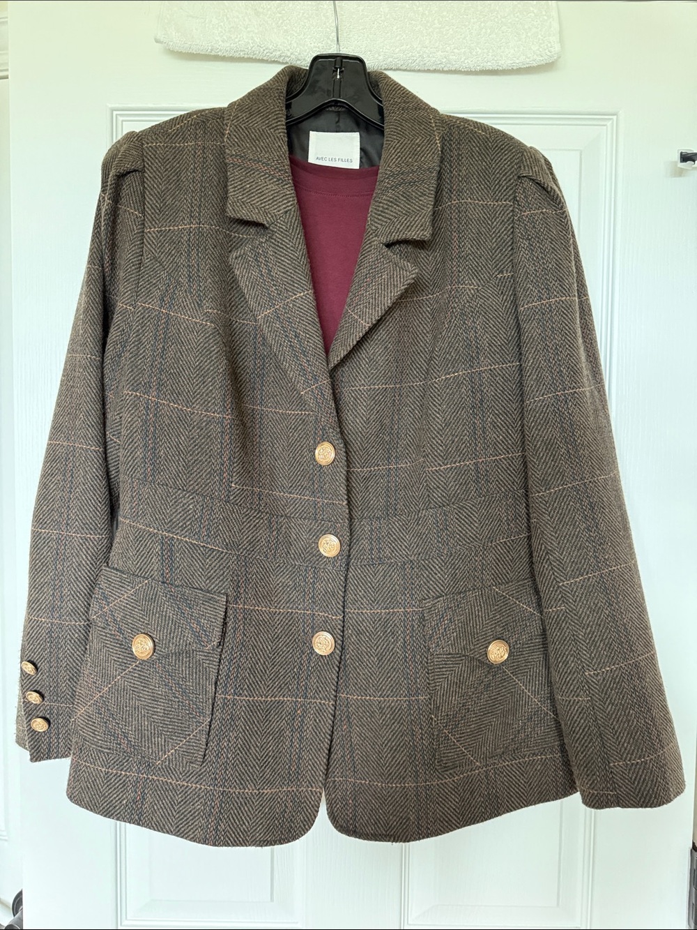 Avec Les Filles Anthropologie Mixed Plaid Blazer Gold Buttons Large